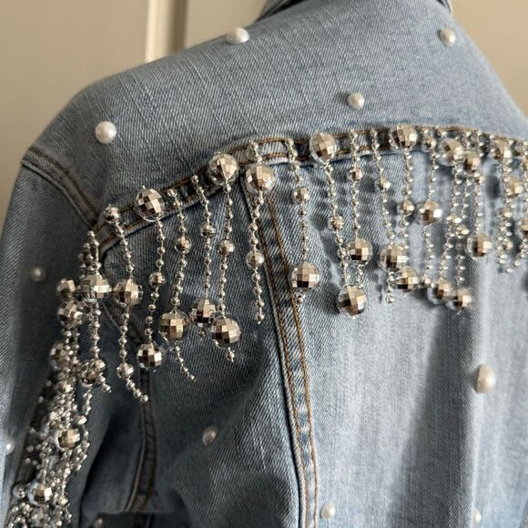 Custom Rhinestone and Pearl Bedazzled Disco Fringe Oversized Jean Jacket Size S - Picture 4 of 9